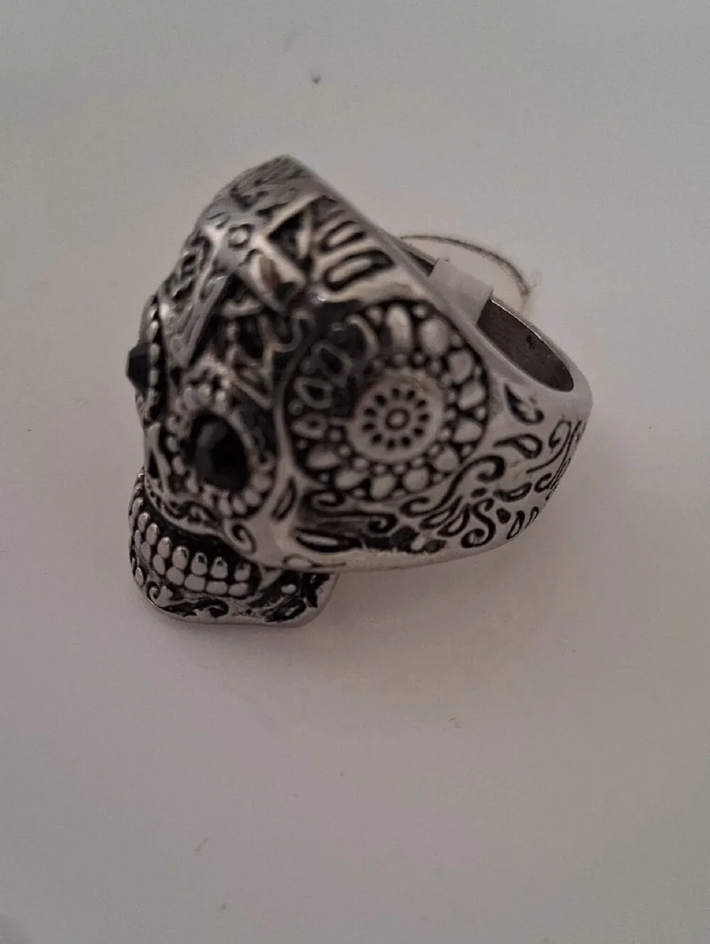 Men's Silver Tone Sugar Skull Ring with Black Stone Eyes